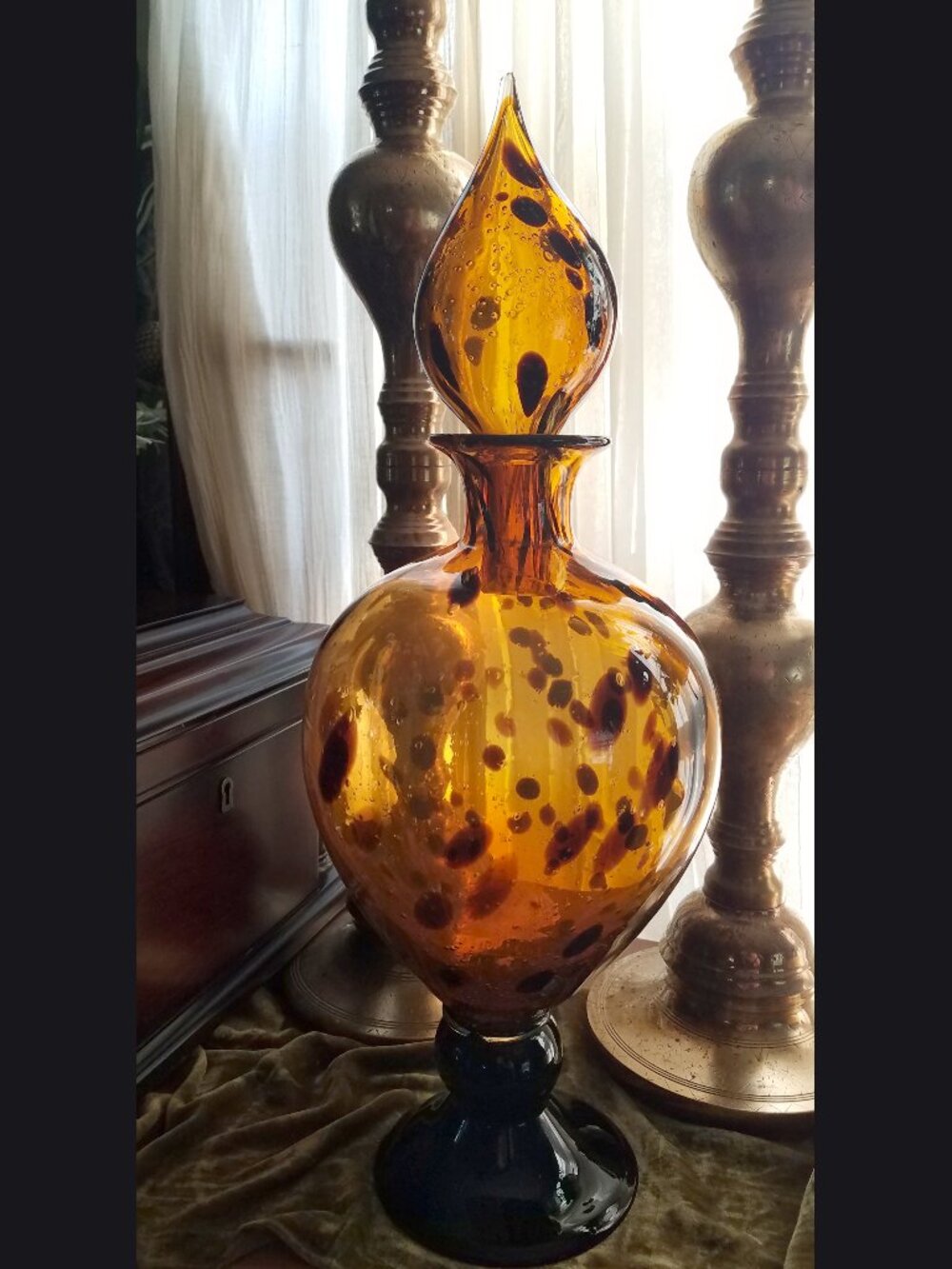 Large Murano Glass Amber Black Oil Spot Decanter Italy Genie Bottle Vase MCM 21"